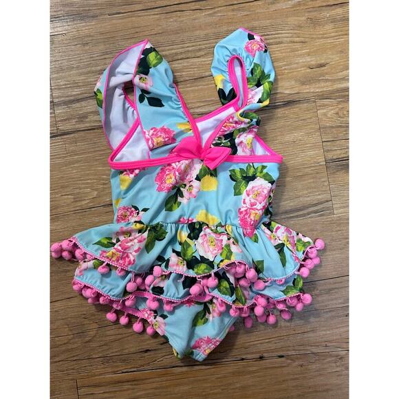 Betsey Johnson Girls Aqua Blue Hot Pink Yellow Floral Swimsuit-2T - Picture 2 of 4